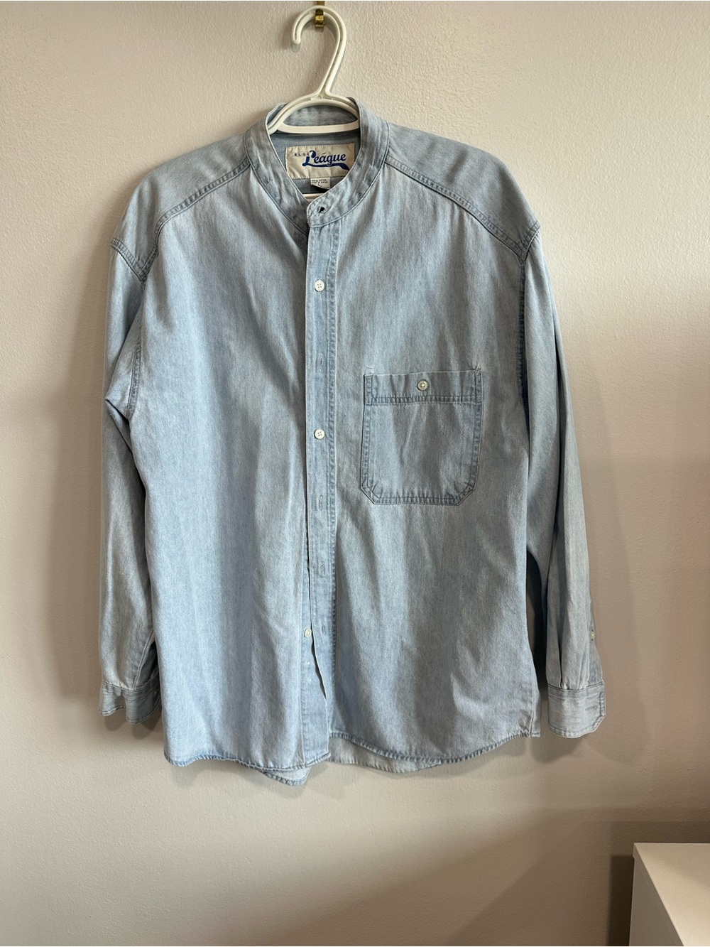 Vintage Blue League Men’s Light Wash Chambray Blend Band Collar Button Shirt